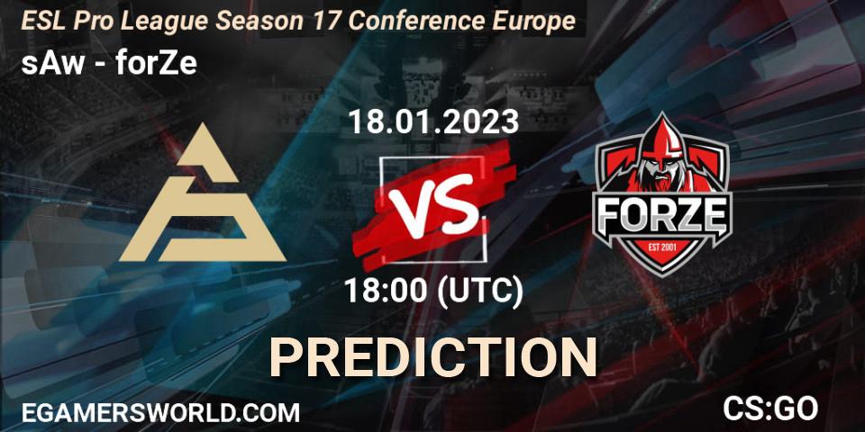 sAw contre forZe : prédiction de match. 18.01.2023 at 15:30. Counter-Strike (CS2), ESL Pro League Season 17 Conference Europe