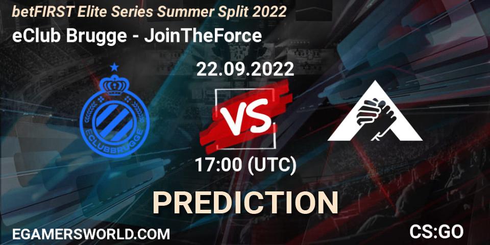 eClub Brugge contre JoinTheForce : prédiction de match. 22.09.2022 at 17:00. Counter-Strike (CS2), betFIRST Elite Series Summer Split 2022