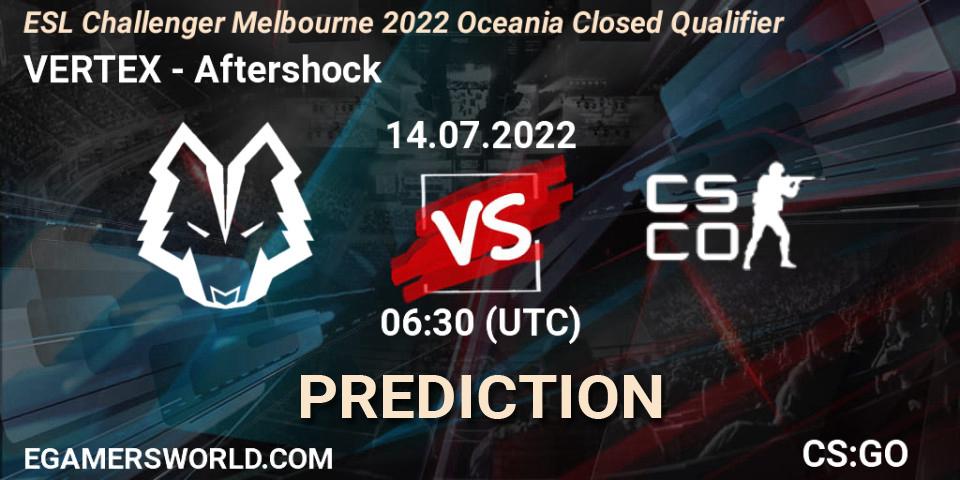 VERTEX contre Aftershock : prédiction de match. 14.07.2022 at 06:30. Counter-Strike (CS2), ESL Challenger Melbourne 2022 Oceania Closed Qualifier