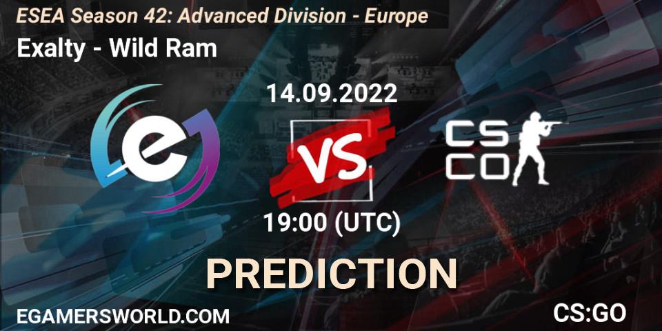 Exalty contre Wild Ram : prédiction de match. 14.09.2022 at 19:00. Counter-Strike (CS2), ESEA Season 42: Advanced Division - Europe