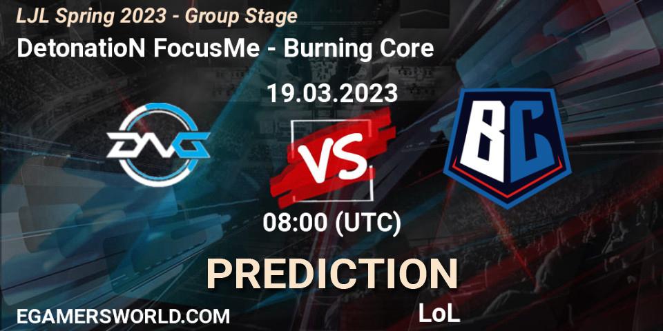 DetonatioN FocusMe contre Burning Core : prédiction de match. 19.03.2023 at 08:00. LoL, LJL Spring 2023 - Group Stage