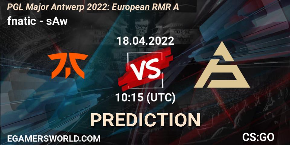 fnatic contre sAw : prédiction de match. 18.04.2022 at 11:10. Counter-Strike (CS2), PGL Major Antwerp 2022: European RMR A