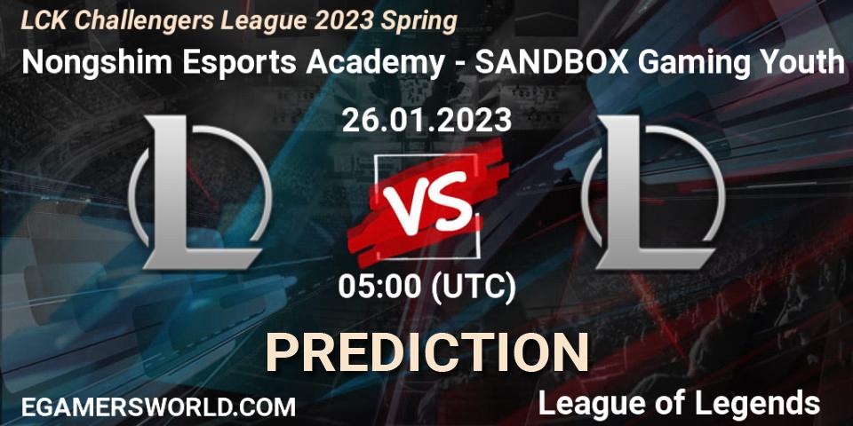 Nongshim Esports Academy contre SANDBOX Gaming Youth : prédiction de match. 26.01.2023 at 05:00. LoL, LCK Challengers League 2023 Spring