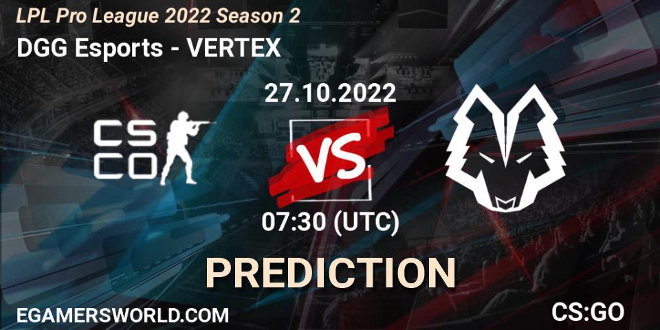 DGG Esports contre VERTEX : prédiction de match. 27.10.2022 at 07:40. Counter-Strike (CS2), LPL Pro League 2022 Season 2