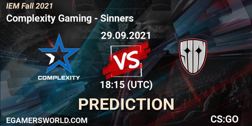 Complexity Gaming contre Sinners : prédiction de match. 29.09.2021 at 19:00. Counter-Strike (CS2), IEM Fall 2021: Europe RMR
