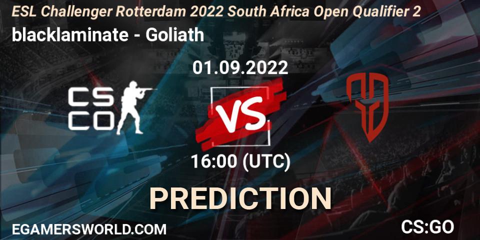 blacklaminate contre Goliath : prédiction de match. 01.09.2022 at 16:00. Counter-Strike (CS2), ESL Challenger Rotterdam 2022 South Africa Open Qualifier 2