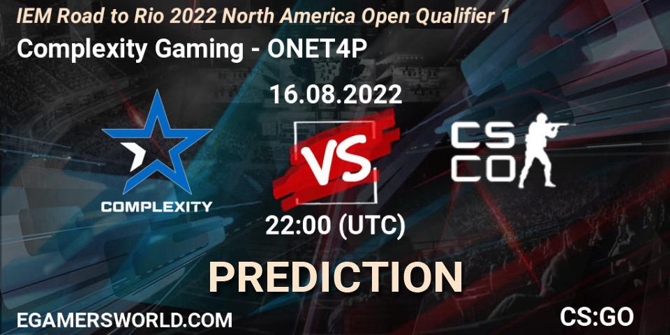 Complexity Gaming contre ONET4P : prédiction de match. 16.08.2022 at 22:30. Counter-Strike (CS2), IEM Road to Rio 2022 North America Open Qualifier 1