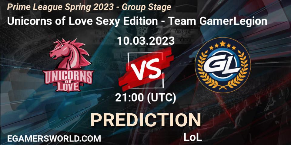 Unicorns of Love Sexy Edition contre Team GamerLegion : prédiction de match. 10.03.2023 at 20:00. LoL, Prime League Spring 2023 - Group Stage