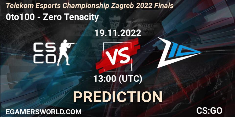0to100 contre Zero Tenacity : prédiction de match. 19.11.2022 at 13:40. Counter-Strike (CS2), Telekom eSports Championship 2022