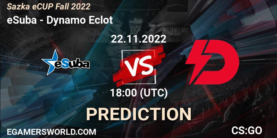eSuba contre Dynamo Eclot : prédiction de match. 22.11.2022 at 17:20. Counter-Strike (CS2), Sazka eCUP Winter 2022