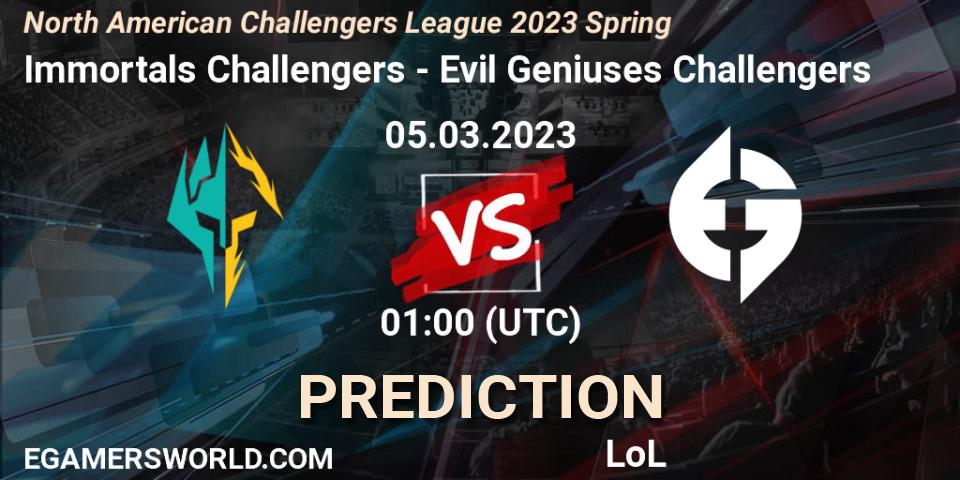 Immortals Challengers contre Evil Geniuses Challengers : prédiction de match. 05.03.23. LoL, NACL 2023 Spring - Group Stage