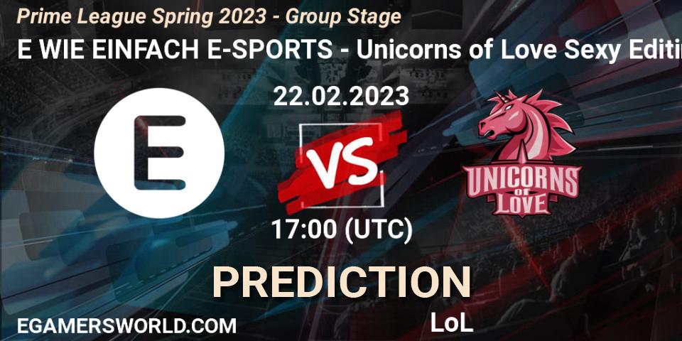 E WIE EINFACH E-SPORTS contre Unicorns of Love Sexy Edition : prédiction de match. 22.02.2023 at 17:00. LoL, Prime League Spring 2023 - Group Stage