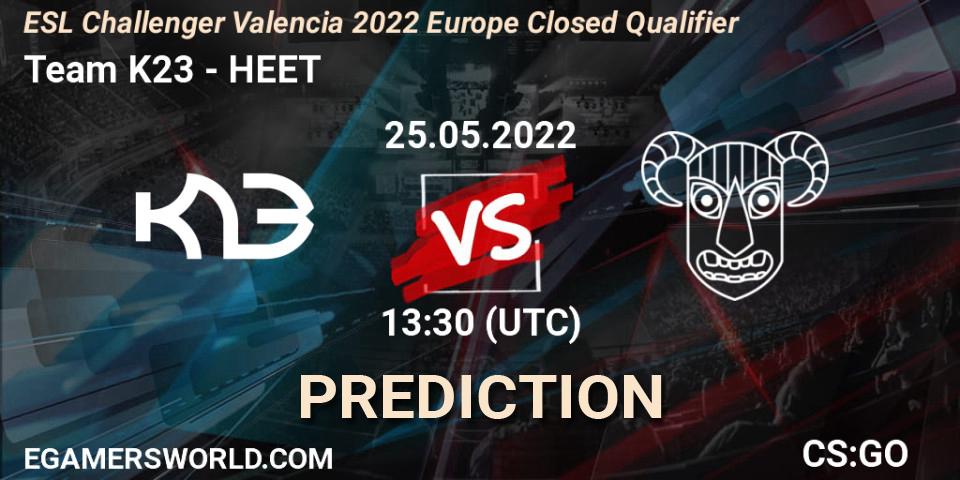 Team K23 contre HEET : prédiction de match. 25.05.2022 at 13:30. Counter-Strike (CS2), ESL Challenger Valencia 2022 Europe Closed Qualifier