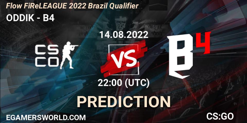 ODDIK contre B4 : prédiction de match. 14.08.2022 at 22:00. Counter-Strike (CS2), Flow FiReLEAGUE 2022 Brazil Qualifier