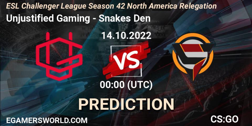 Unjustified Gaming contre Snakes Den : prédiction de match. 14.10.2022 at 00:00. Counter-Strike (CS2), ESL Challenger League Season 42 North America Relegation