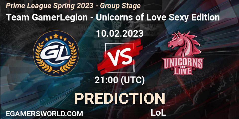 Team GamerLegion contre Unicorns of Love Sexy Edition : prédiction de match. 10.02.2023 at 17:00. LoL, Prime League Spring 2023 - Group Stage