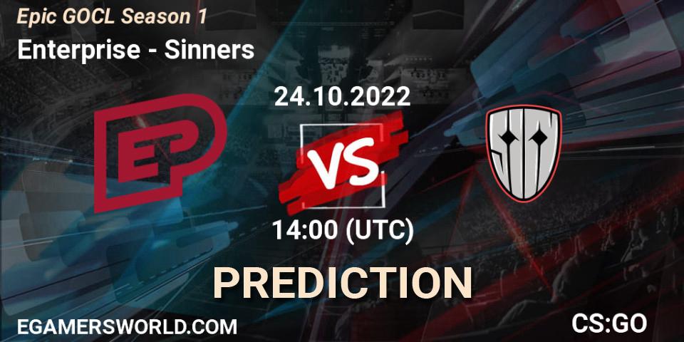 Enterprise contre Sinners : prédiction de match. 24.10.2022 at 14:00. Counter-Strike (CS2), Global Offensive Champions League Season 1