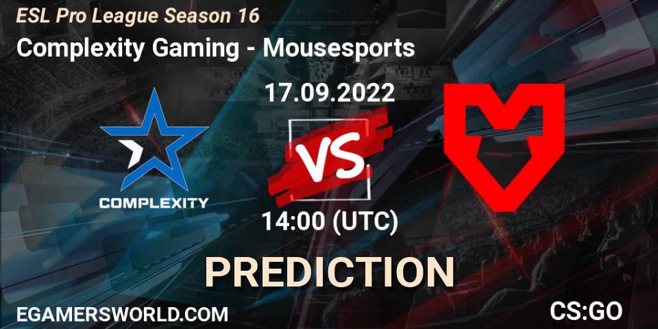 Complexity Gaming contre MOUZ : prédiction de match. 17.09.2022 at 14:30. Counter-Strike (CS2), ESL Pro League Season 16