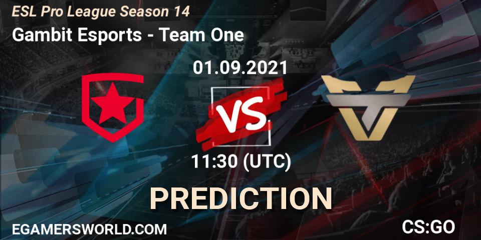 Gambit Esports contre Team One : prédiction de match. 01.09.2021 at 11:30. Counter-Strike (CS2), ESL Pro League Season 14