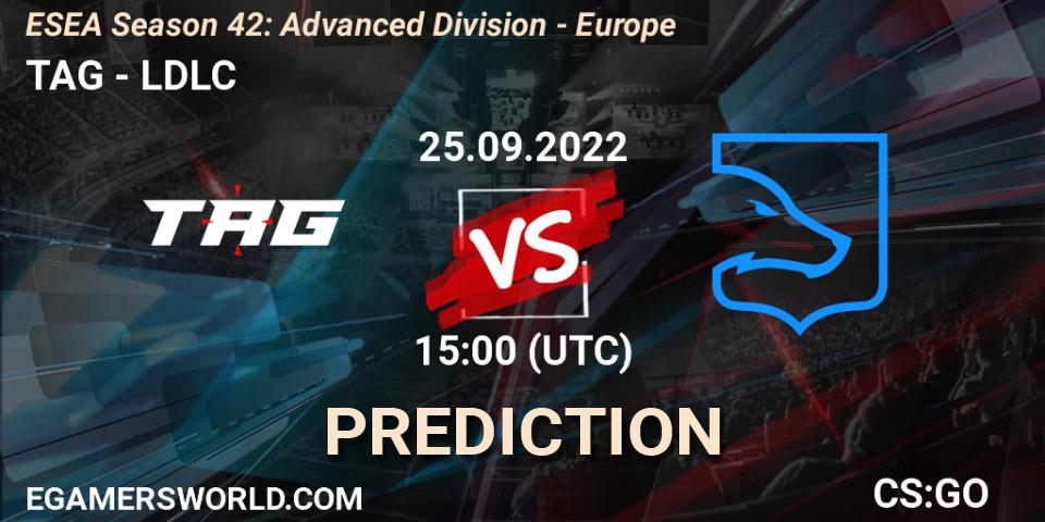 TAG contre LDLC : prédiction de match. 25.09.2022 at 15:00. Counter-Strike (CS2), ESEA Season 42: Advanced Division - Europe