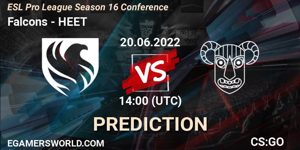 Falcons contre HEET : prédiction de match. 20.06.2022 at 14:00. Counter-Strike (CS2), ESL Pro League Season 16 Conference