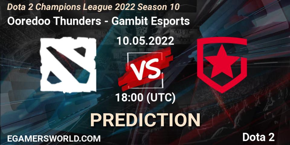 Ooredoo Thunders contre Gambit Esports : prédiction de match. 10.05.2022 at 18:00. Dota 2, Dota 2 Champions League 2022 Season 10 