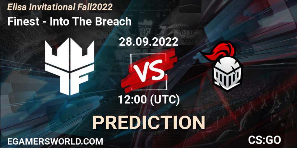 Finest contre Into The Breach : prédiction de match. 28.09.2022 at 12:40. Counter-Strike (CS2), Elisa Invitational Fall 2022