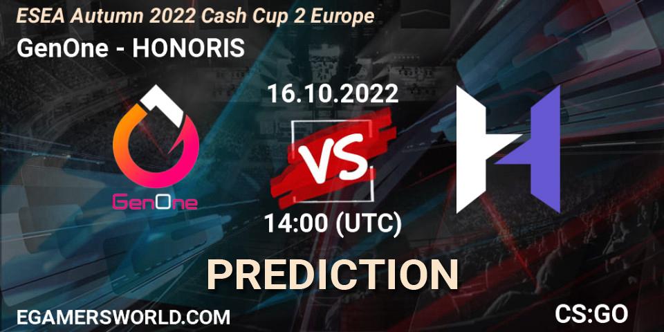 GenOne contre HONORIS : prédiction de match. 16.10.2022 at 14:00. Counter-Strike (CS2), ESEA Autumn 2022 Cash Cup 2 Europe