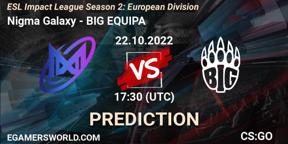 Galaxy Racer Female contre BIG EQUIPA : prédiction de match. 22.10.2022 at 17:30. Counter-Strike (CS2), ESL Impact League Season 2: European Division