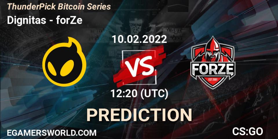 Dignitas contre forZe : prédiction de match. 10.02.2022 at 12:20. Counter-Strike (CS2), ThunderPick Bitcoin Series