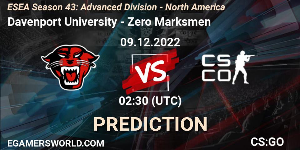 Davenport University contre Zero Marksmen : prédiction de match. 09.12.22. CS2 (CS:GO), ESEA Season 43: Advanced Division - North America