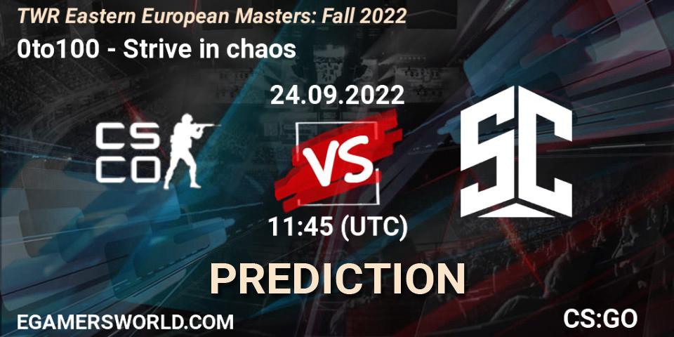 0to100 contre Strive in chaos : prédiction de match. 24.09.2022 at 12:00. Counter-Strike (CS2), TWR Eastern European Masters: Fall 2022