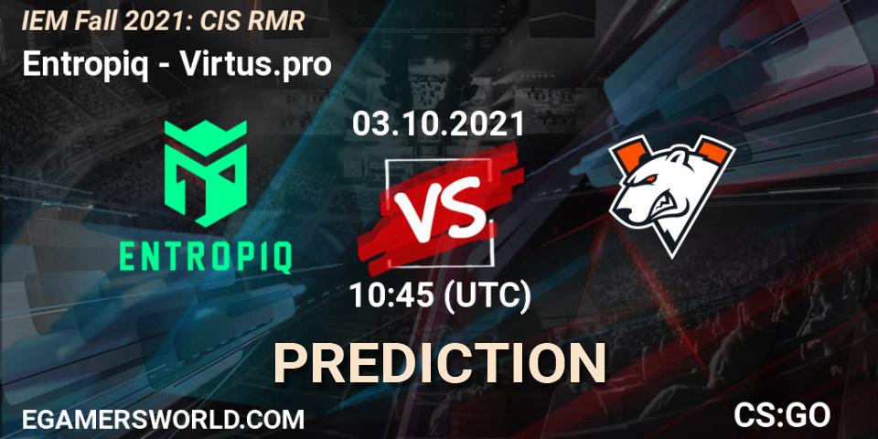 Entropiq contre Virtus.pro : prédiction de match. 03.10.2021 at 10:45. Counter-Strike (CS2), IEM Fall 2021: CIS RMR