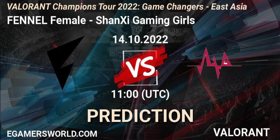FENNEL Female contre ShanXi Gaming Girls : prédiction de match. 14.10.2022 at 12:30. VALORANT, VCT 2022: Game Changers - East Asia