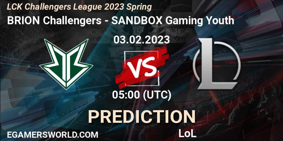 Brion Esports Challengers contre SANDBOX Gaming Youth : prédiction de match. 03.02.2023 at 05:00. LoL, LCK Challengers League 2023 Spring