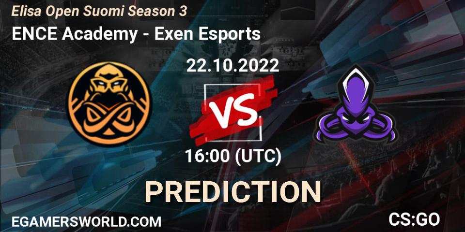 ENCE Academy contre Exen Esports : prédiction de match. 22.10.2022 at 16:00. Counter-Strike (CS2), Elisa Open Suomi Season 3