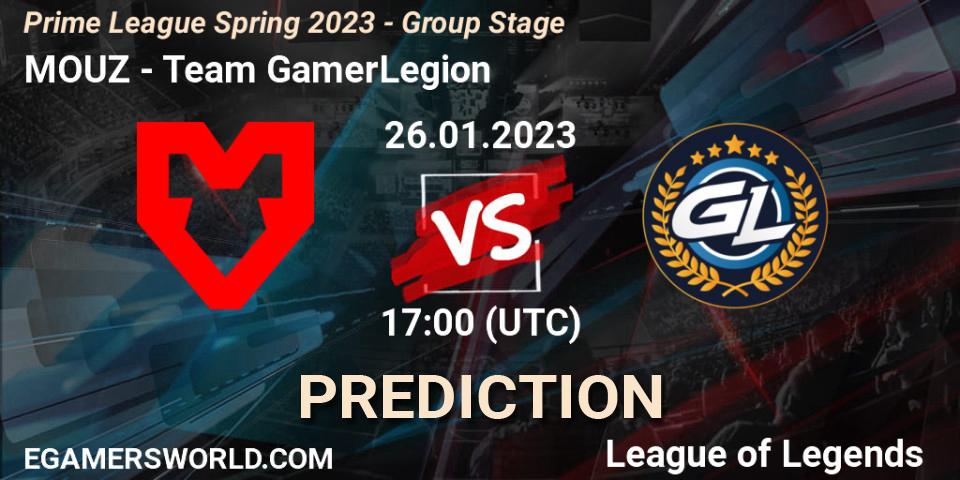 MOUZ contre Team GamerLegion : prédiction de match. 26.01.2023 at 20:00. LoL, Prime League Spring 2023 - Group Stage