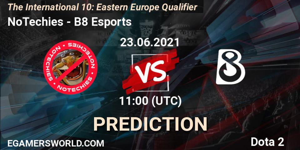 NoTechies contre B8 Esports : prédiction de match. 23.06.2021 at 08:00. Dota 2, The International 10: Eastern Europe Qualifier