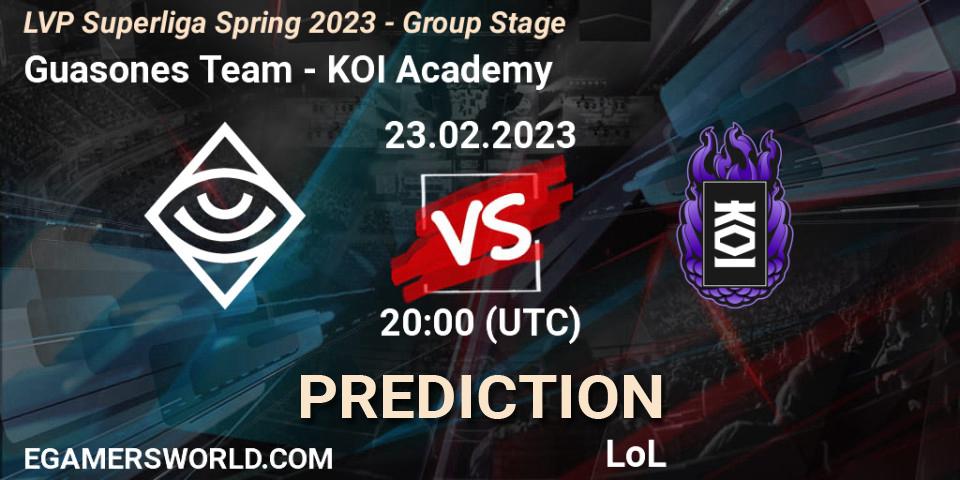 Guasones Team contre KOI Academy : prédiction de match. 23.02.2023 at 17:00. LoL, LVP Superliga Spring 2023 - Group Stage