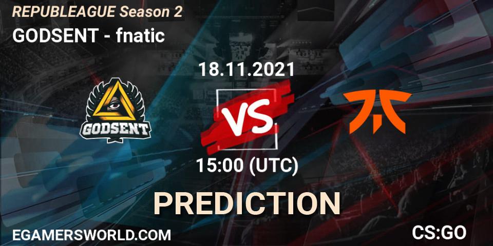 GODSENT contre fnatic : prédiction de match. 18.11.2021 at 15:00. Counter-Strike (CS2), REPUBLEAGUE Season 2