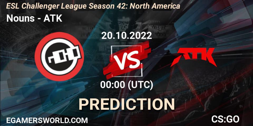 Nouns contre ATK : prédiction de match. 20.10.2022 at 00:00. Counter-Strike (CS2), ESL Challenger League Season 42: North America