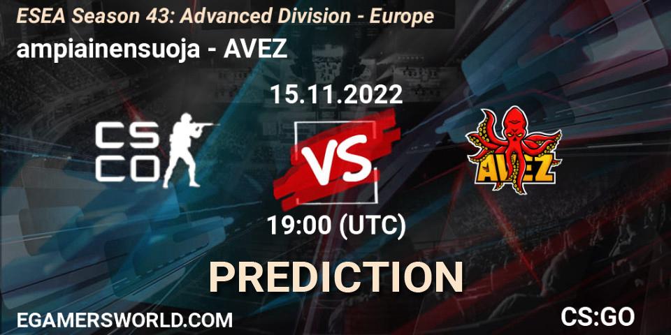 ampiainensuoja contre AVEZ : prédiction de match. 15.11.2022 at 19:00. Counter-Strike (CS2), ESEA Season 43: Advanced Division - Europe