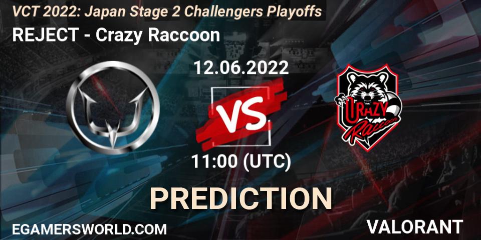 REJECT contre Crazy Raccoon : prédiction de match. 12.06.22. VALORANT, VCT 2022: Japan Stage 2 Challengers Playoffs