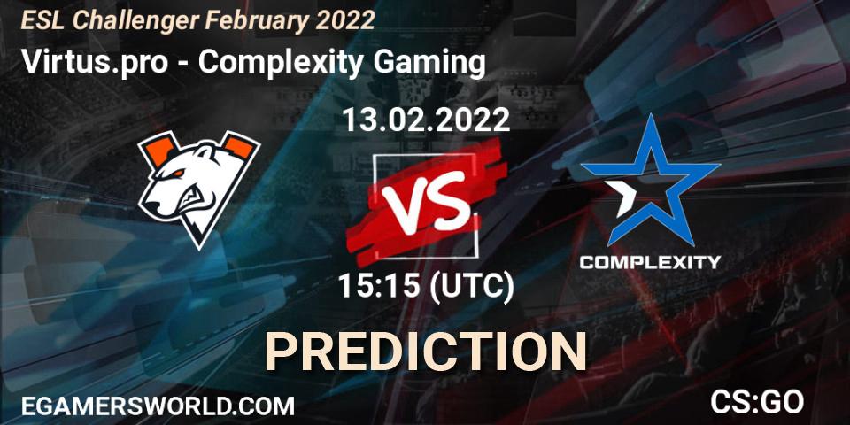 Virtus.pro contre Complexity Gaming : prédiction de match. 13.02.2022 at 15:55. Counter-Strike (CS2), ESL Challenger February 2022