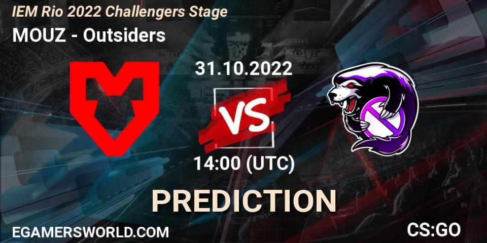 MOUZ contre Outsiders : prédiction de match. 31.10.2022 at 14:00. Counter-Strike (CS2), IEM Rio 2022 Challengers Stage