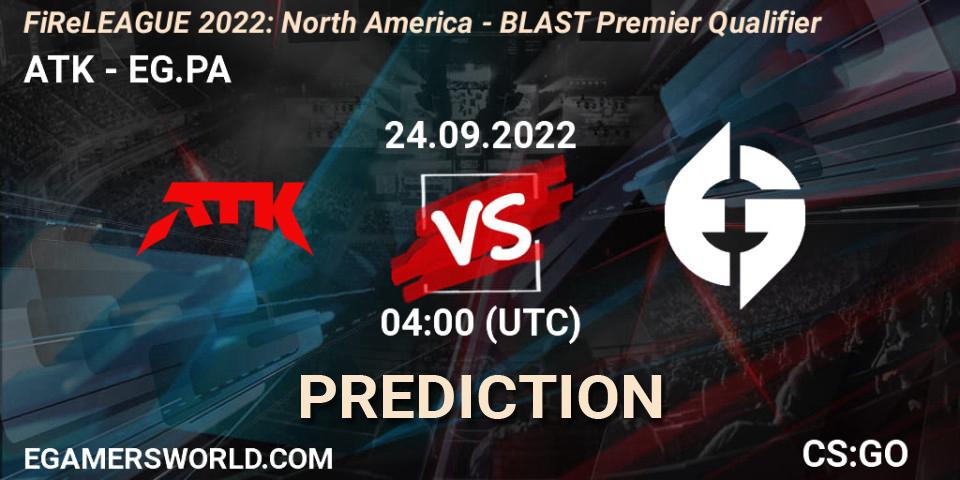 ATK contre EG.PA : prédiction de match. 24.09.2022 at 04:00. Counter-Strike (CS2), FiReLEAGUE 2022: North America - BLAST Premier Qualifier
