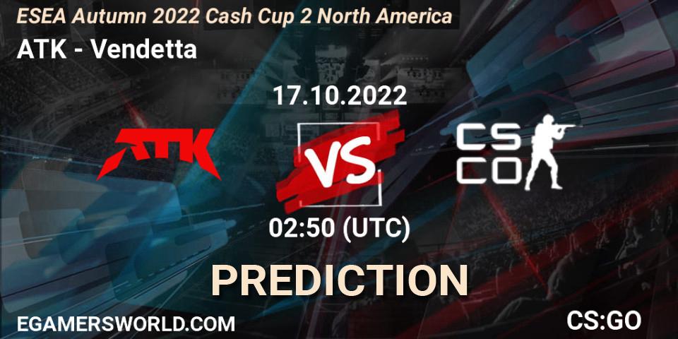 ATK contre Vendetta : prédiction de match. 17.10.22. CS2 (CS:GO), ESEA Autumn 2022 Cash Cup 2 North America