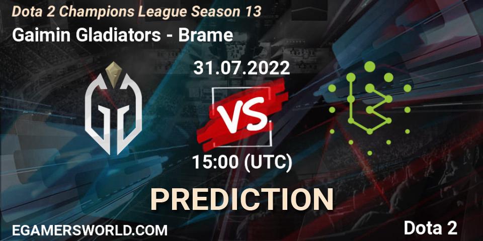 Gaimin Gladiators contre Brame : prédiction de match. 31.07.2022 at 15:08. Dota 2, Dota 2 Champions League Season 13