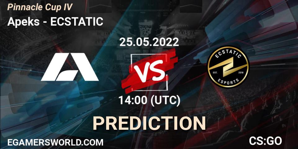Apeks contre ECSTATIC : prédiction de match. 25.05.2022 at 14:00. Counter-Strike (CS2), Pinnacle Cup #4