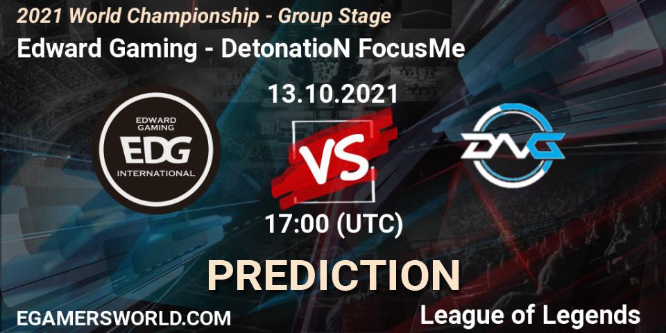 Edward Gaming contre DetonatioN FocusMe : prédiction de match. 13.10.2021 at 17:10. LoL, 2021 World Championship - Group Stage